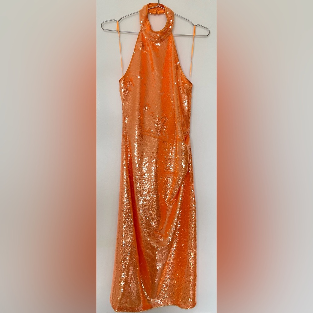 Caroline Constas Orange Sequin Midi Dress
